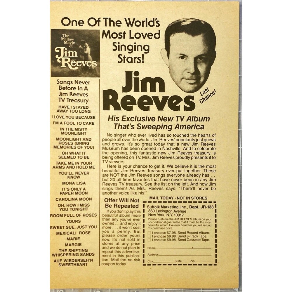 Suffolk Marketing "Jim Reeves Singing Star's TV Album" Vintage Print Ad 1982